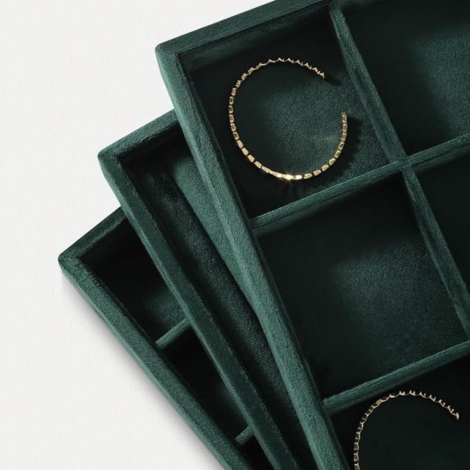 Velvet Stackable Jewelry Display Tray, 12 Grid Watch Bangle Bracelet Storage Tray, Makeup Drawer Insert Jewelry Shop Organizer Plate (Green)