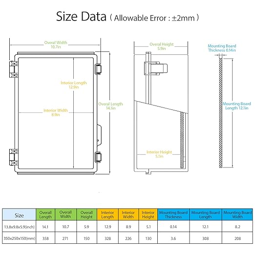 LeMotech Electrical Box, IP67 Waterproof Hinged Cover Stainless Steel Latch Junction Box, ABS Plastic Electrical Enclosure with Mounting Plate,Wall Brackets, Cable Glands, 13.8"x9.8"x5.9", Grey
