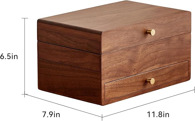 CHOSIN Black Walnut Wooden Jewelry Box for Women, 3 Level Multi-functional Drawer Organizer Box Watch Necklace Ring Earring Storage Valentine's Day Gift