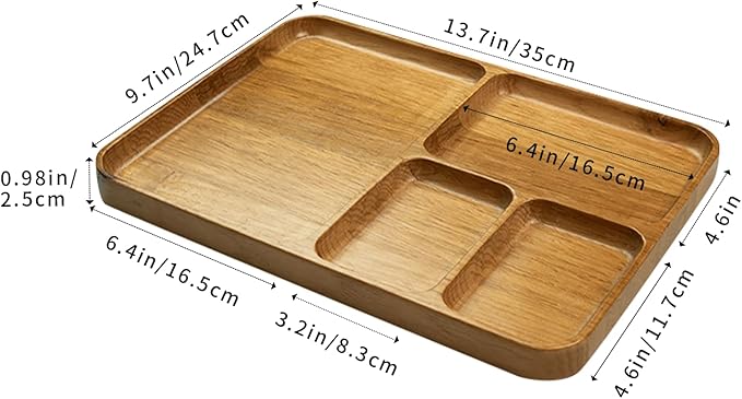 Desk Drawer Organizer Tray Wooden Valet Trinket Catch All Key Nightstand Tray with 4 Deep Dividers, 14x10x1'', Solid Wood Carved
