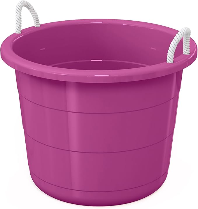 Life Story 8 Pack Open Storage Bucket, Round Plastic Container with Rope Handles, 17 Gallon, Purple