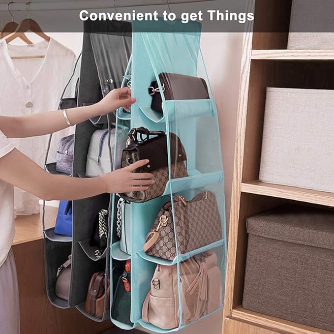 Lirex 2-Pack Handbag Hanging Purse Organizer for Closet, 8 Pocket Handbag Storage Organizer Hanger Oxford Cloth Closet Organizer for Family Closet Bedroom, Foldable and Universal Fit, Light Blue
