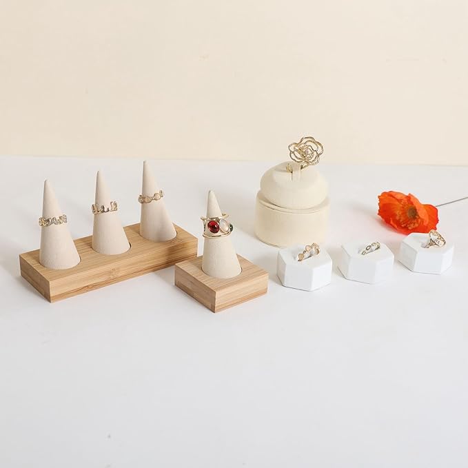 GemeShou Beige wood ring storage organizer, Velvet Jewelry ring display holder, Cute ring display stand for selling, wedding ring holder at nightstand【Beige with single cone】