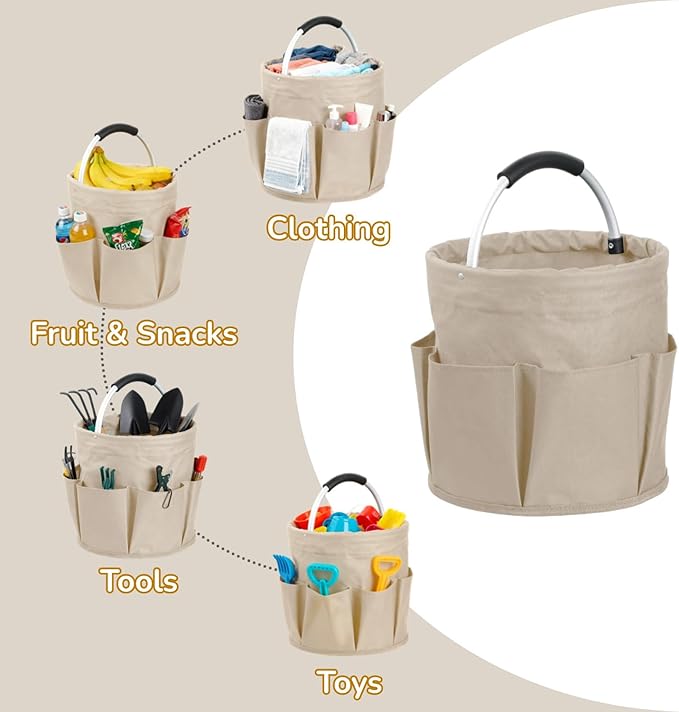 17L Foldable Storage Basket with 6 Side Pockets Cleaning Caddy with Handle Folding Storage Bin for Home Bathroom Camping Gardening (Khaki)