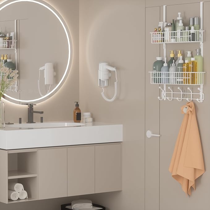 Over The Door Hooks, Door Hanger Towel Rack with 10 Coat Hooks & 2 Mesh Basket, Over Door Storage Organizer for Bathroom, Bedroom, Kitchen, Office, Easy Installation, White