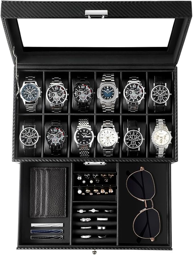 GUKA Watch Box, 12 Slot Watch Case, Watch Cases for men with Real Glass Lid, Synthetic Leather Watch Organizer storage with Jewelry Case, Birthday for Men and Women, Black, GK-012-BKCX