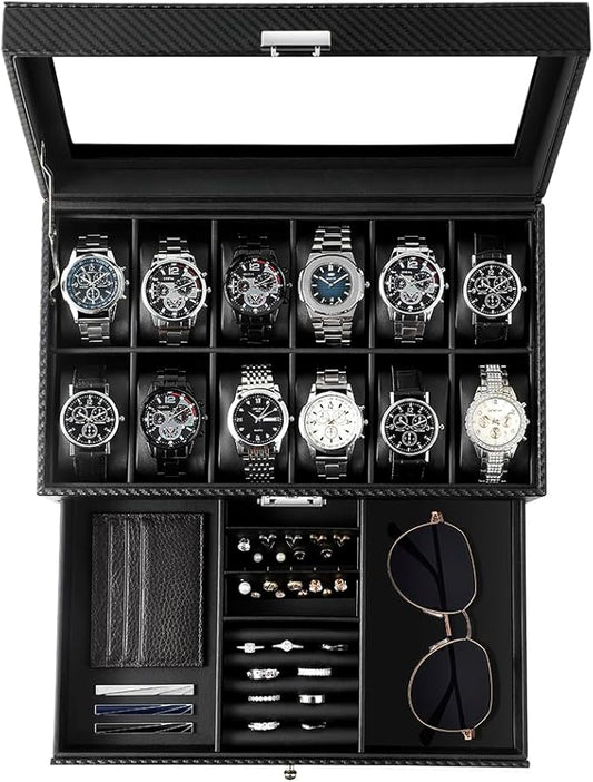 GUKA Watch Box, 12 Slot Watch Case, Watch Cases for men with Real Glass Lid, Synthetic Leather Watch Organizer storage with Jewelry Case, Birthday for Men and Women, Black, GK-012-BKCX