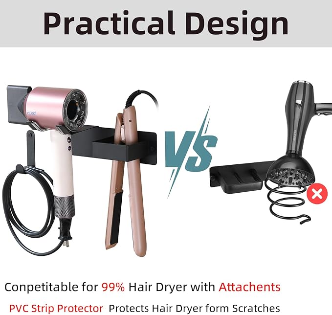 Hair Dryer Holder Wall Mounted, Stainless Steel Blow Dryer Holder for Bathroom, Hair Dryer and Straightener Holder Adhesive or Drilling, Hair Tool Organizer for Salon Barber Shops Black BANJEKT