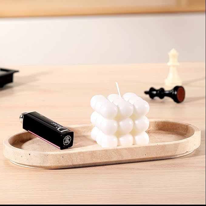 Natural Travertine Oval - 10x5 Inch Bathroom and Vanity Marble Small Tray for Soap Bottle, Perfume, Aromatherapy and Jewelry Accessories - Countertop Tray with Non-Slip Raised Base