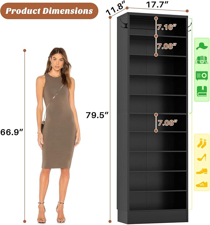 Aheaplus Tall Shoe Cabinet, 10 Tiers Narrow Wood Shoe Rack, Shoe Storage Organizer with Open Storage, Vertical Shoe Shelf Tower for 20-22 Pairs, Space Saving, for Closet, Entryway, Bedroom, Black