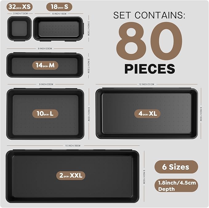 【Upgraded to 6 Size】A-LUGEI Tool Box Organizer,【Fits 100+ Tools】 Black Garage Organization and Storage Tray Divider Set, Desk Drawer Organizer, Toolbox for Tool Chest Cart WorkBench Small Parts Widget