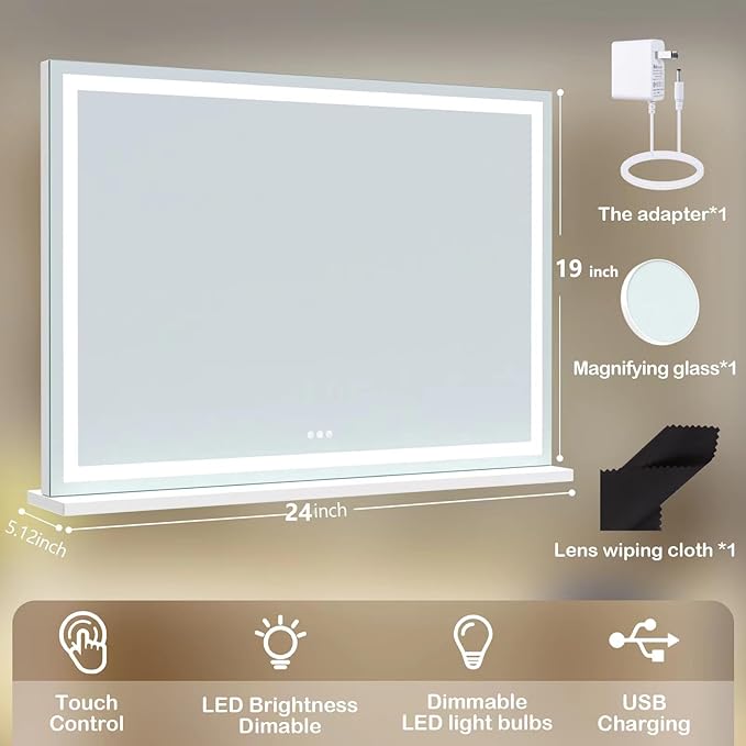 Makeup Vanity Mirror 24" x 19" Large LED Makeup Mirror, Desk Mirorr with Lights, Light up Mirror with 10X Magnification and, Dimmable 3 Modes, Touch Control White