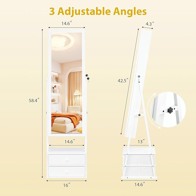Bonnlo LED Jewelry Cabinet Armoire, Lockable Standing Mirror with Jewelry Storage, Full Length Mirror with 2 Drawers, Large Capacity Jewelry Organizer for Women, Gift Idea, Christmas Gifts,White