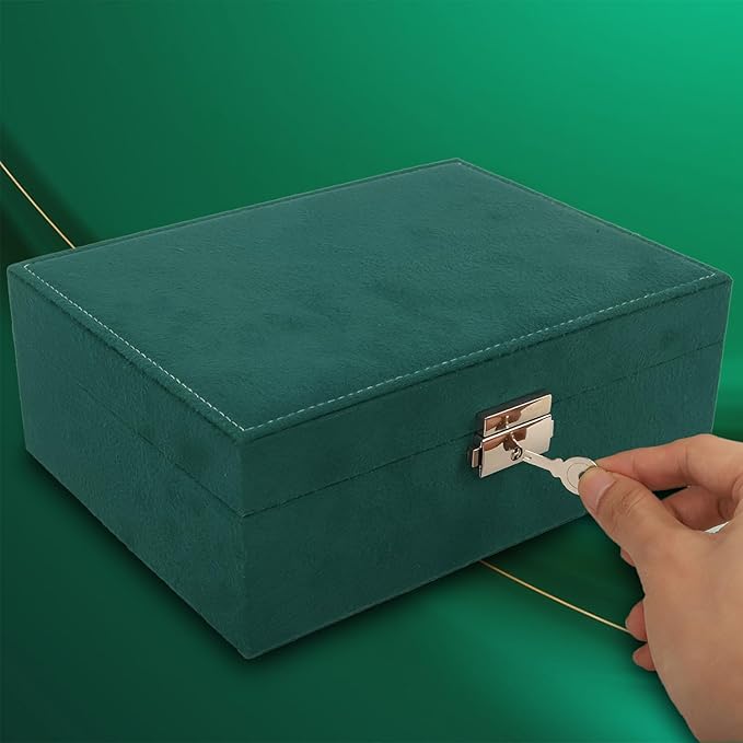 Nsmykhg Velvet Jewelry Box Organizer - 2 Pack Lockable 2 Layer Travel Case with Removable Tray, Jewelry Storage for Women & Men, Jewelry Display Case for Rings, Necklace, Earrings (Green)