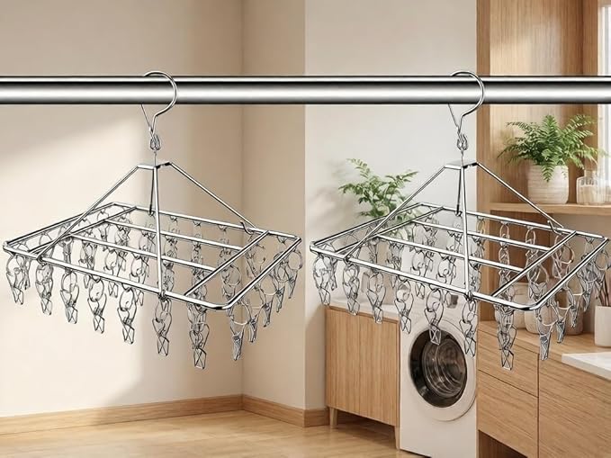 2 Pack Stainless Steel Sock Drying Rack with 80 Clips,360° Rotatable Windproof Hook Clothes Hanger Rack for Herb,Bras,Underwear,Baby Clothes,Hat,Scarf,Pants,Gloves,Towel and Laundry Accessories