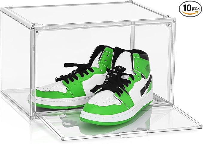 10 Pcs Clear Shoe Storage Boxes Stackable Acrylic Sneaker Shoe Display Case Size 14, Transparent Storage Bins for Boot Handbag Organizer Containers with Magnetic Lids