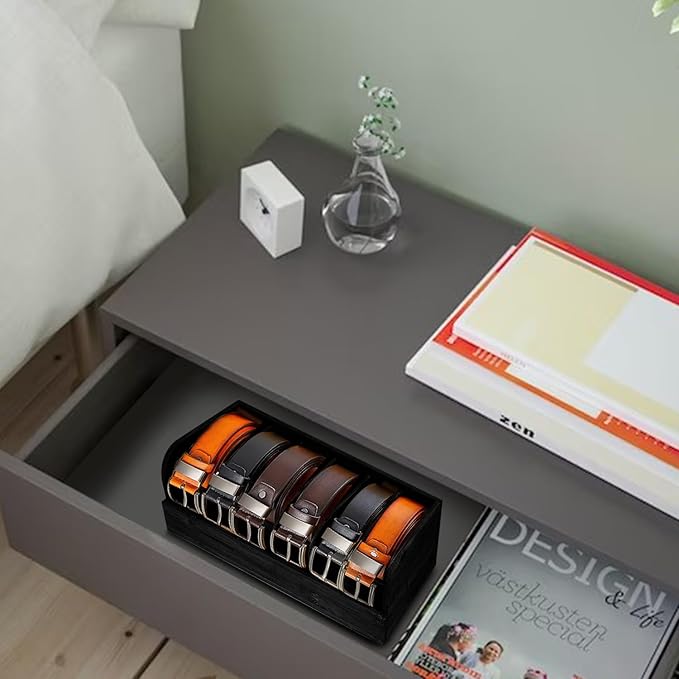 GTI Belt Organizer, 6 Compartments Belt Organizer for Closet and Drawer, Bamboo Display Case for Tie and Belt, Belt Storage Organizer for Men Women (Black)