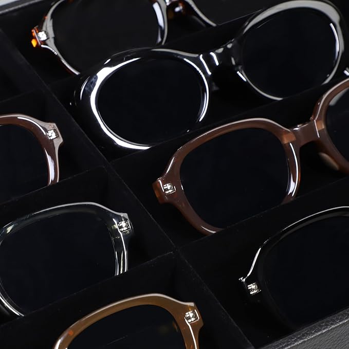 Wudygirl Jewelry and Sunglass Organizer - 8 Slot Storage With Clear Lid, Leather Eyeglasses Display for Women and Men (8 Grid)