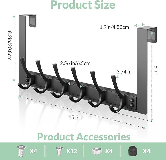 Over The Door Hooks with 6 Hooks for Hanging-Space-Saving,Over The Door Hanger,Over The Door Towel Rack,Towel Hanger for Bathroom,Guaranteed Quality & Compressed Packaging (2, Black-Unassembled)
