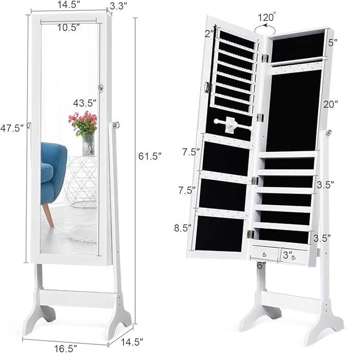 Giantex Lockable Standing Jewelry Armoire with Full Length Mirror, Large Storage Capacity Jewelry Cabinet Organizer with 2 Drawers, 4 Angle Adjustable, Extra Wide Mirror for Women Girls (White)