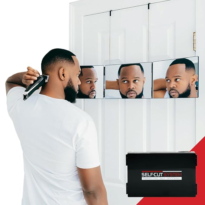 Self-Cut System 3 Way Barber Mirror with Height Adjustable Hooks, 360 Trifold Self Cut Mirror for Haircuts for Men and Women, Travel-Friendly, Three-Way Design for Easy Grooming & Styling
