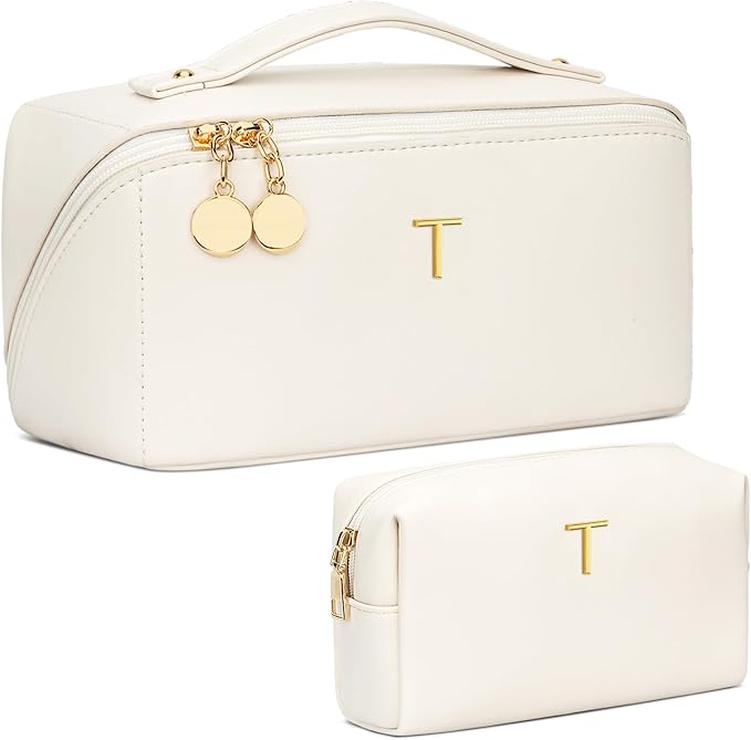 Valentine's Day Gifts for Women Teen Girl, Personalized Initial Makeup Organizer Bag Set, Open Flat Travel Cosmetic Bag With Clear Divider and Handle(Beige,T)