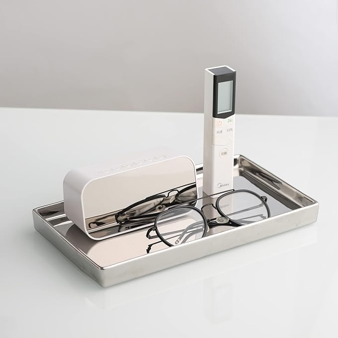 Ceramic Trinket Tray Rectangte Vanity Jewelry Organizer Makeup Mirror Tray Silvery Medium