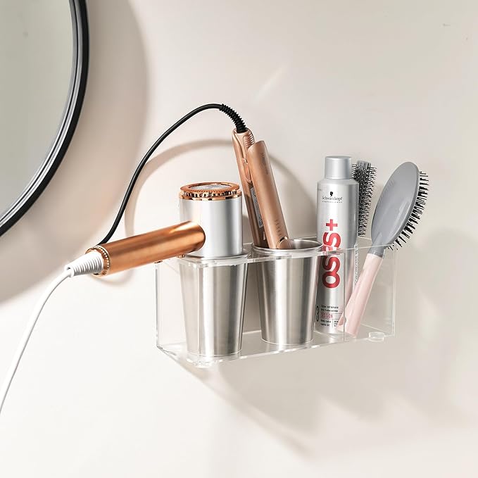 Hair Tool Organizer, Acrylic Hot Tools Organizer with 2 Stainless Steel Cups, Hair Tool Holder Wall Mount & Countertop for Dryer, Curling Iron & Brushes for Bathroom Vanity CHOCHOYAH
