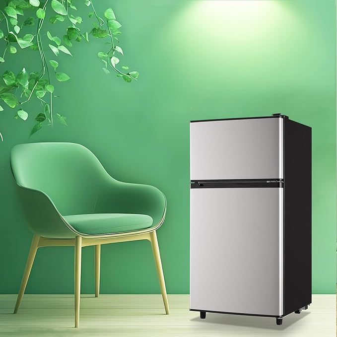 WANAI Mini Fridge with Freezer, 3.5 cubic feet 2- Doors Small Refrigerator Features 7 Gear Mechanical Control, Side Bottle Rack, Ideal for Dorm, Kitchen, Apartment, Office, Silver