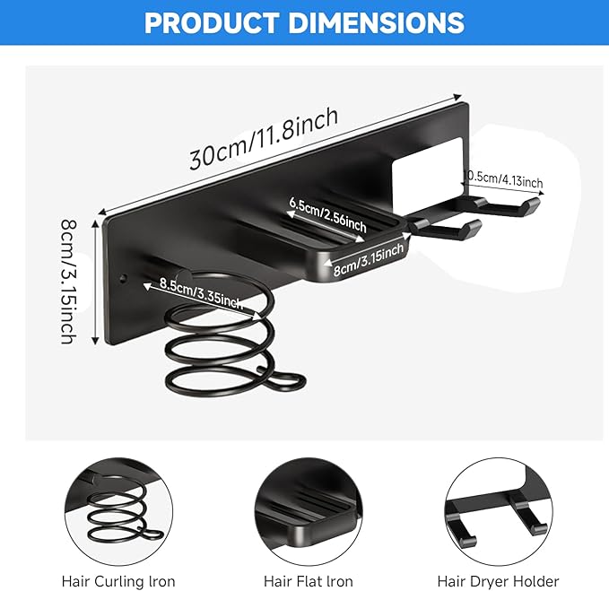 Hair Dryer Holder Wall Mounted,Blow Dryer, Curling Iron, Straightener Holder 3 in 1 Bathroom Metal Hair Tool Organizer Rack-BLACK-2