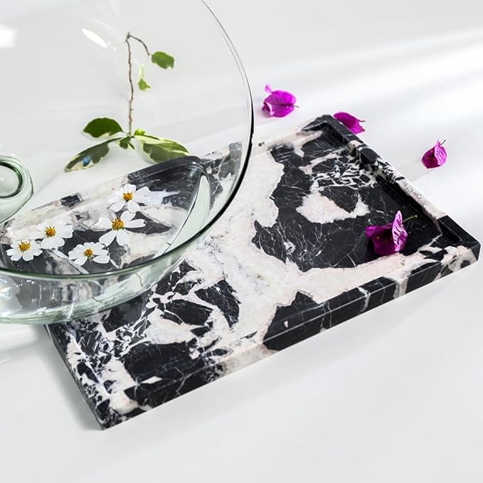 Real Luxurious Natural Marble Vanity Tray Genuine Marble Storage Tray for Home Decor Stone Tray for Bathroom/Kitchen/Vanity/Dresser,Plate Holder for Tissues, Candles, Towel