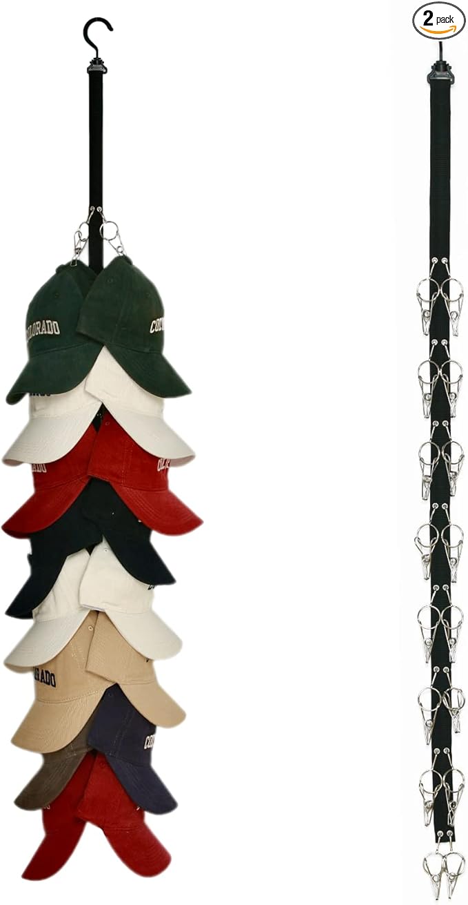 IKI Hat Organizer for Baseball Caps - Holder Closet 2Pack Each 16 Premium Clips, Good Hangers Rod, Display Wall Mount, Easy Storage Racks and Hats, Black
