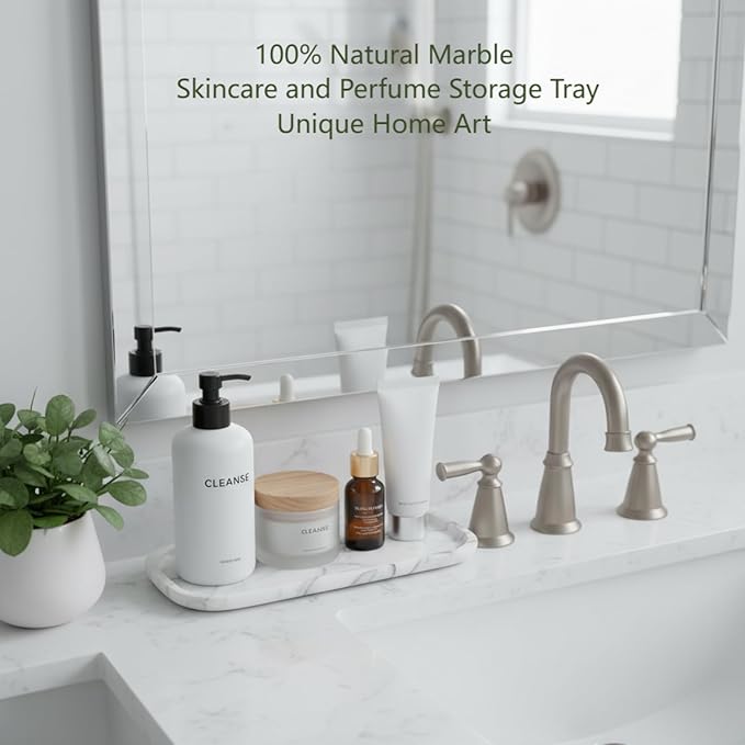 Marmor Real Natural Marble Bathroom Tray for Perfume, Candles, Jewelry Stone Vanity, Bathroom & Kitchen Counter Organizer and Home Decor Statuario White（11.41 * 5.51 * 0.7）