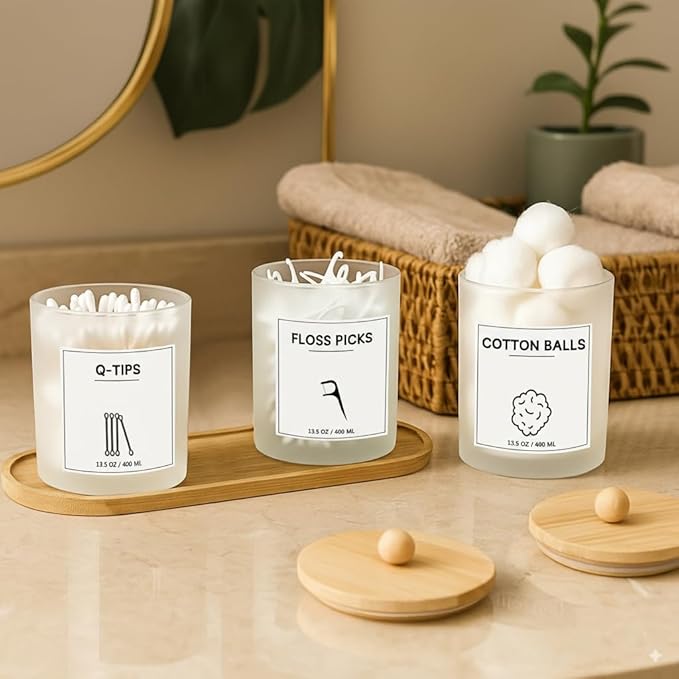 3 PCS Qtip Holder for Bathroom, Cotton Ball Holder, with Tray, Bathroom Organizers and Storage, Bathroom Jars for Floss Picks, Cotton Swabs, Balls, Pads (Frosted)