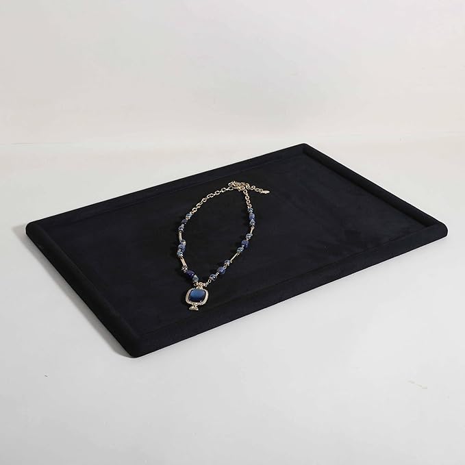 Rectangle Jewelry storage organizer plate, Velvet Jewerly display tray, Empty showcase tray for Necklace Bracelet Ring Earring【Black-Large, 17.7 x 11.8 in 】