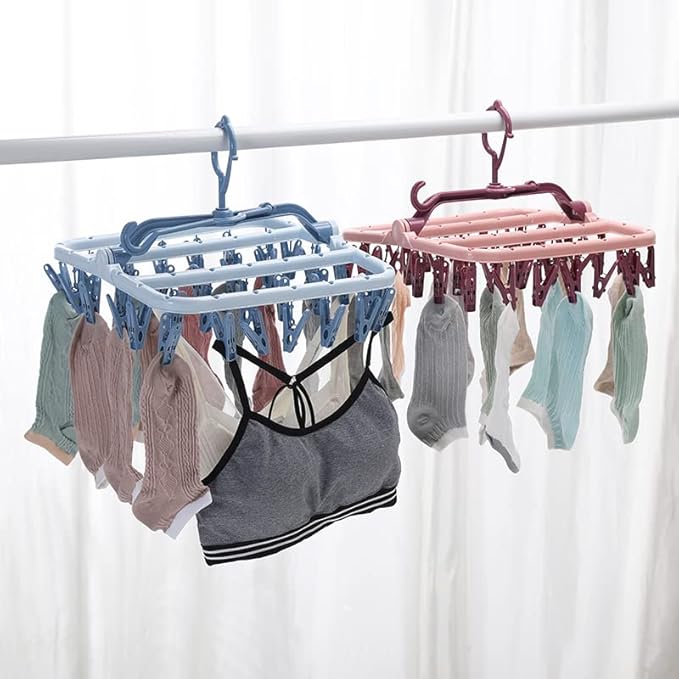 Clothes Drying Racks Foldable Clip Hangers Plastic with 32 Drying Clips Wind-Proof Hook Underwear Hanger for Socks Bras (Pink)