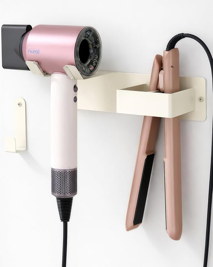 Hair Dryer and Straightener Holder, Stainless Steel Hair Dryer Stand for Bathroom, Hair Dryer Holder Wall Mounted Adhesive or Drilling, Hair Tool Organizer for Salon Barber Shops White