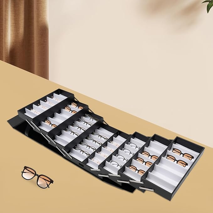 Eapmic 48 Slot Sunglasses Display Case Black Luxury Sunglass Glasses Display Drawer Sunglass Eyewear Display Suitcase Eyeglasses Collector Organizer Box