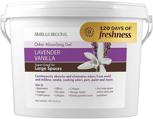 SMELLS BEGONE 1-Gallon Gel Odor Eliminator – High-Capacity, Long-Lasting Absorber for Large Basements, Garages, Workshops & Commercial Areas – Remove Tough Odors with Essential Oils (Lavender Vanilla)