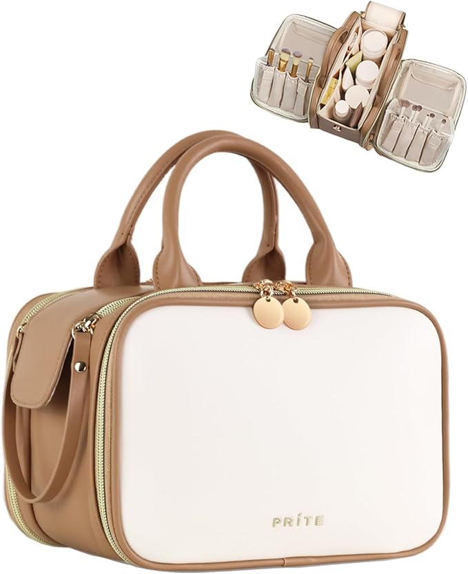 Prite Travel Makeup Bag Women’s Large Capacity Waterproof Cosmetic Organizer Portable Open Flat Toiletry Case with Free-standing Brush Holder and Handle(Beige Brown Medium)