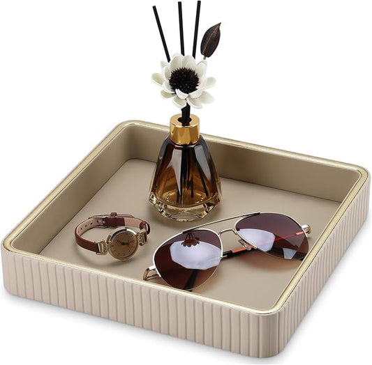 GORESE Square Perfume Tray Nightstand Organizer, PU Leather Purse Bowl Jewelry Trays for Dresser, Trinket Dish Catchall Bowl for Keys, Decorative Vanity Tray, Gift for Women, Beige(9.3'' × 9.3'')