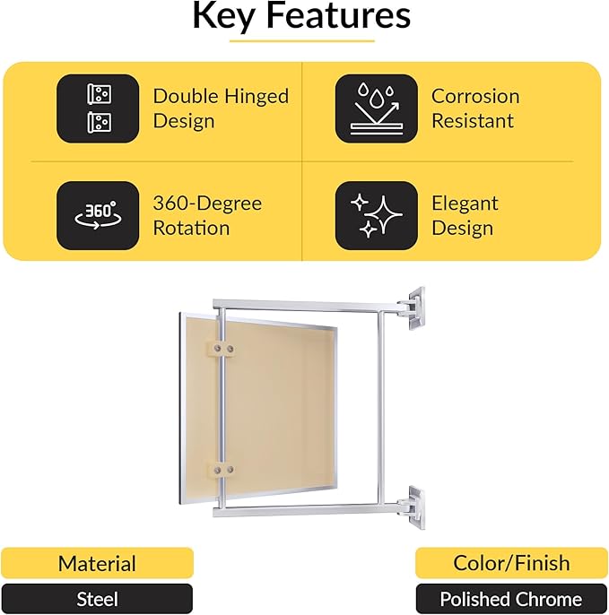 Brixwell PNV11CH 11" W x 11" H Pivot-N-Vue Double Hinged Mirror Square Polished Chrome