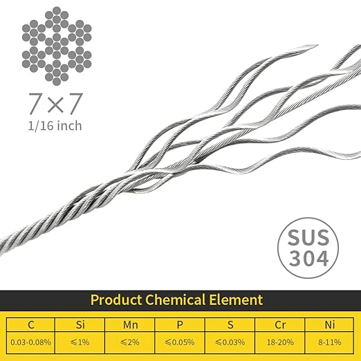 1/16 Wire Rope, 800FT 304 Stainless Steel Cable with 250Pcs Crimp Sleeves, Aircraft Grade, 7x7 Strand, 368lbs Breaking Strength, for Garden Trellis, Clothesline, Railing,Trellis