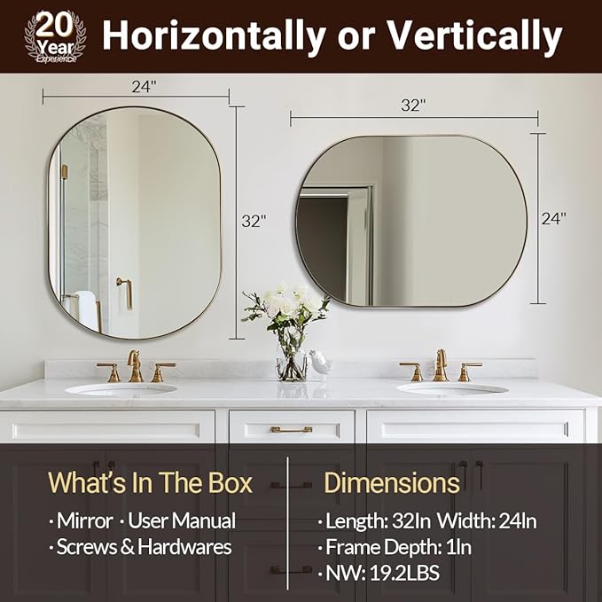 ANDY STAR Oval Bathroom Mirror, 24x32’’ Gold Oval Mirror Pill-Shaped Design in Stainless Steel Metal Frame for Bathroom, Entryway, Living Room, Contemporary 1" Deep Wall Mount Vertical or Horizontal