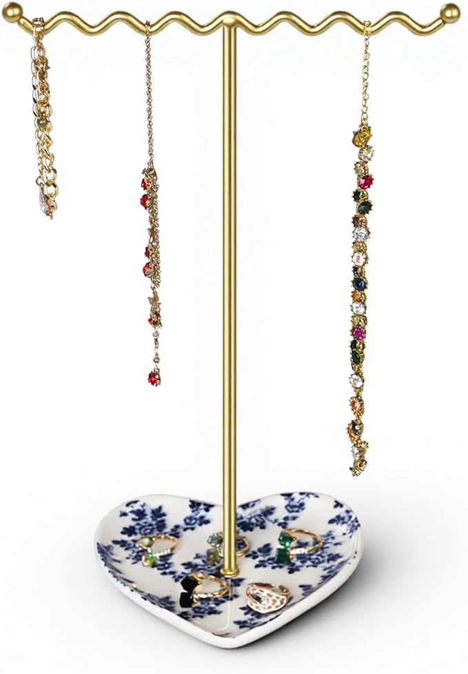 Elegant Jewelry Holder Tree Stand with Ceramic Tray - Metal Necklace Holder Organizer for Rings Bracelets Earrings - Tangle Free, Rustproof Decorative Display for Vanity Dresser Blue and White