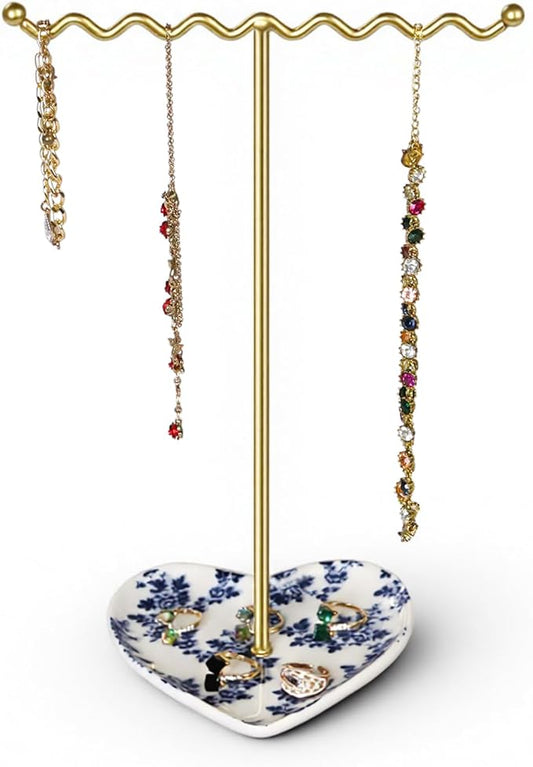 Elegant Jewelry Holder Tree Stand with Ceramic Tray - Metal Necklace Holder Organizer for Rings Bracelets Earrings - Tangle Free, Rustproof Decorative Display for Vanity Dresser Blue and White