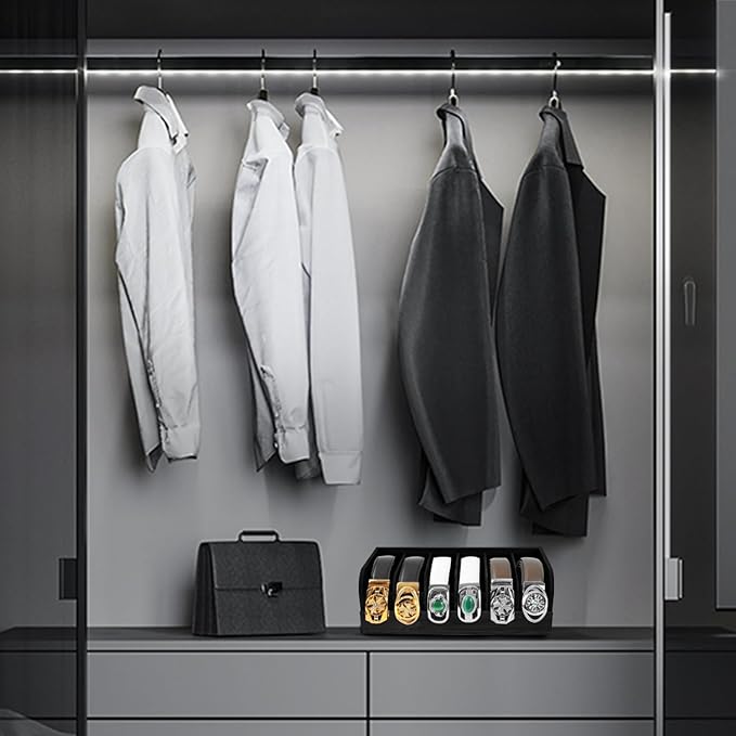GTI Belt Organizer, 6 Compartments Belt Organizer for Closet and Drawer, Bamboo Display Case for Tie and Belt, Belt Storage Organizer for Men Women (Black)