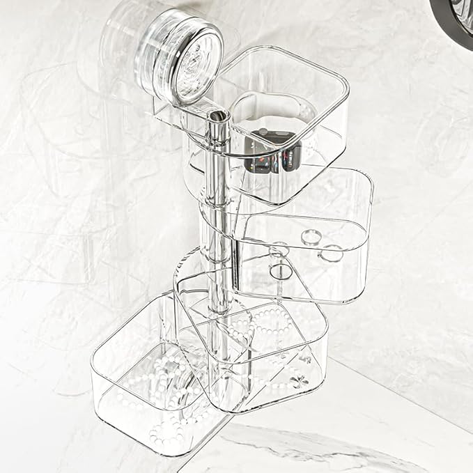 4-Layer Rotating Transparent Suction Cups Wall Mounted Organizer for Small Items,Bathroom Holder for Trinkets Hairpin Q-Tips mini beauty sponges (4-Tier-Clear, M)
