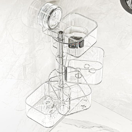 4-Layer Rotating Transparent Suction Cups Wall Mounted Organizer for Small Items,Bathroom Holder for Trinkets Hairpin Q-Tips mini beauty sponges (4-Tier-Clear, M)