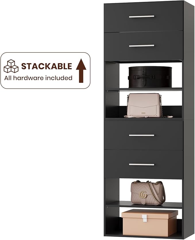 ROOMTEC 31.5" 2 Drawer Short Tower Closet Unit, Modular Closet System with Drawers and Shelf, Wardrobe Organizer for Bedroom or Walk-in Closet, Wall Mounted, Customizable Clothes Storage Unit, Black